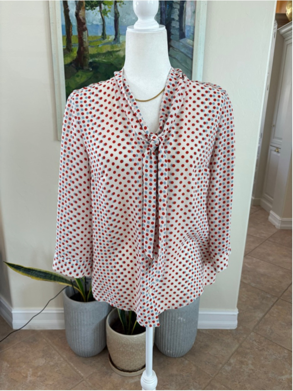ModCloth Blouse M White Red Blue Polka Dot Long Sleeve, neck tie, button up